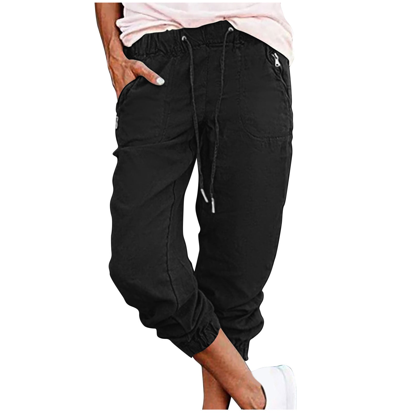 Women's Casual Cropped Pants with Zipper Pockets