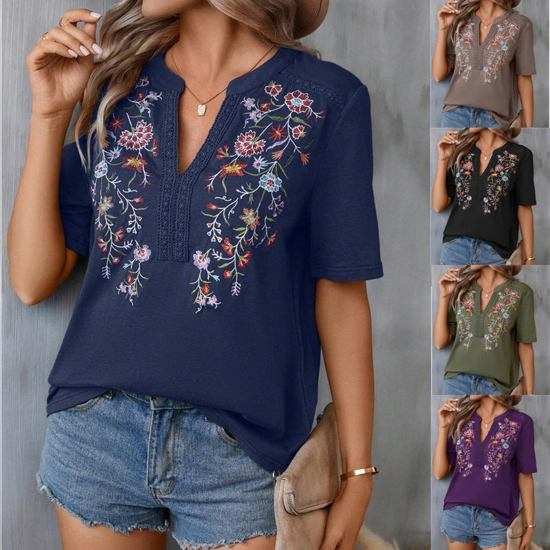 Women’s Embroidered V-Neck Short Sleeve Top