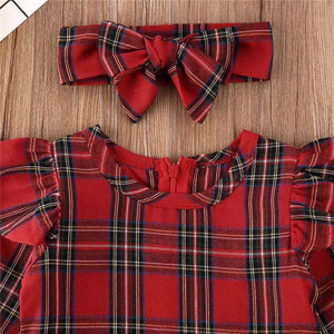 Infant and Toddler Plaid Long Sleeve Christmas Dress with Gauze Skirt and Headband - Wazzi's Wear
