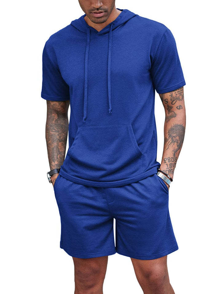 Men's Hooded Drawstring Short Sleeve Top with Shorts Set