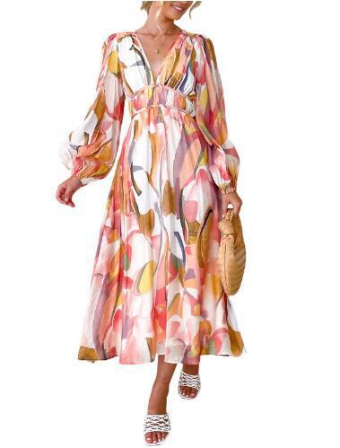 Women’s Printed V-Neck Long Sleeve Summer Maxi Dress