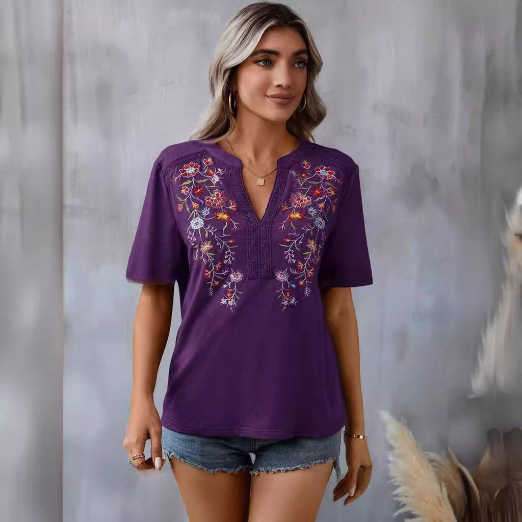 Women’s Embroidered V-Neck Short Sleeve Top