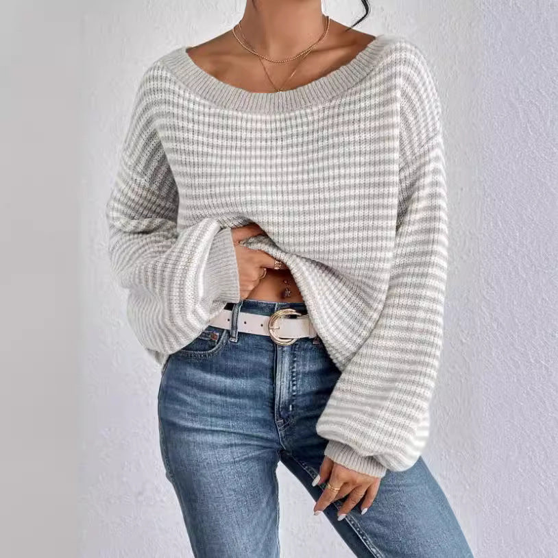 Women's Boat Neck Long Sleeve Striped Sweater