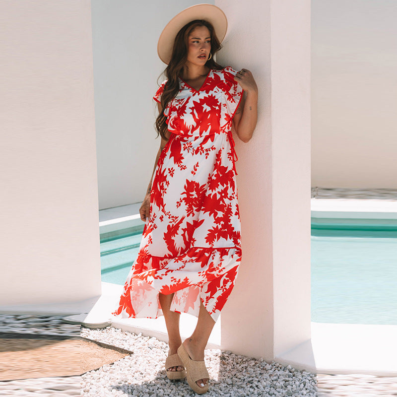 European And American Fashion Flower Printed V-neck Dress Women