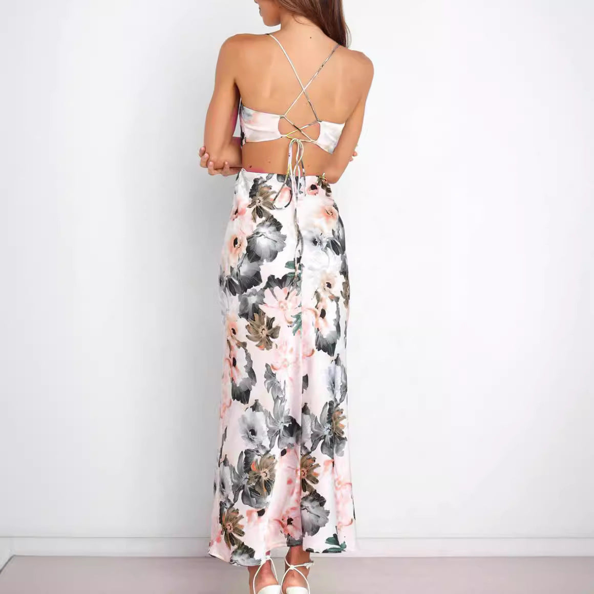 Women’s Sleeveless Backless Satin Floral Maxi Dress