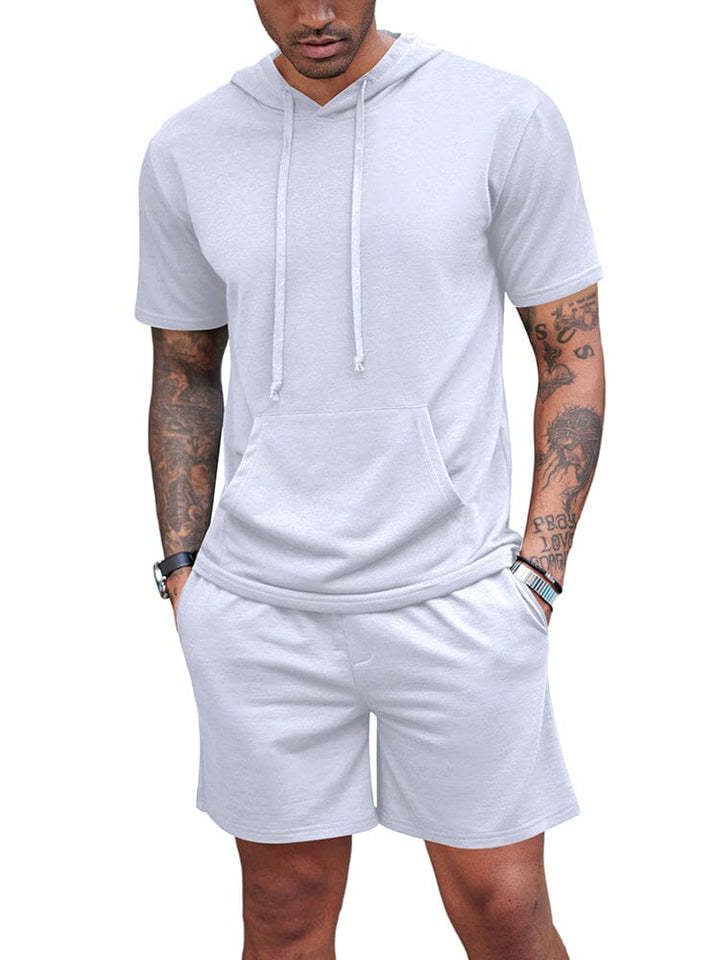 Men's Hooded Drawstring Short Sleeve Top with Shorts Set