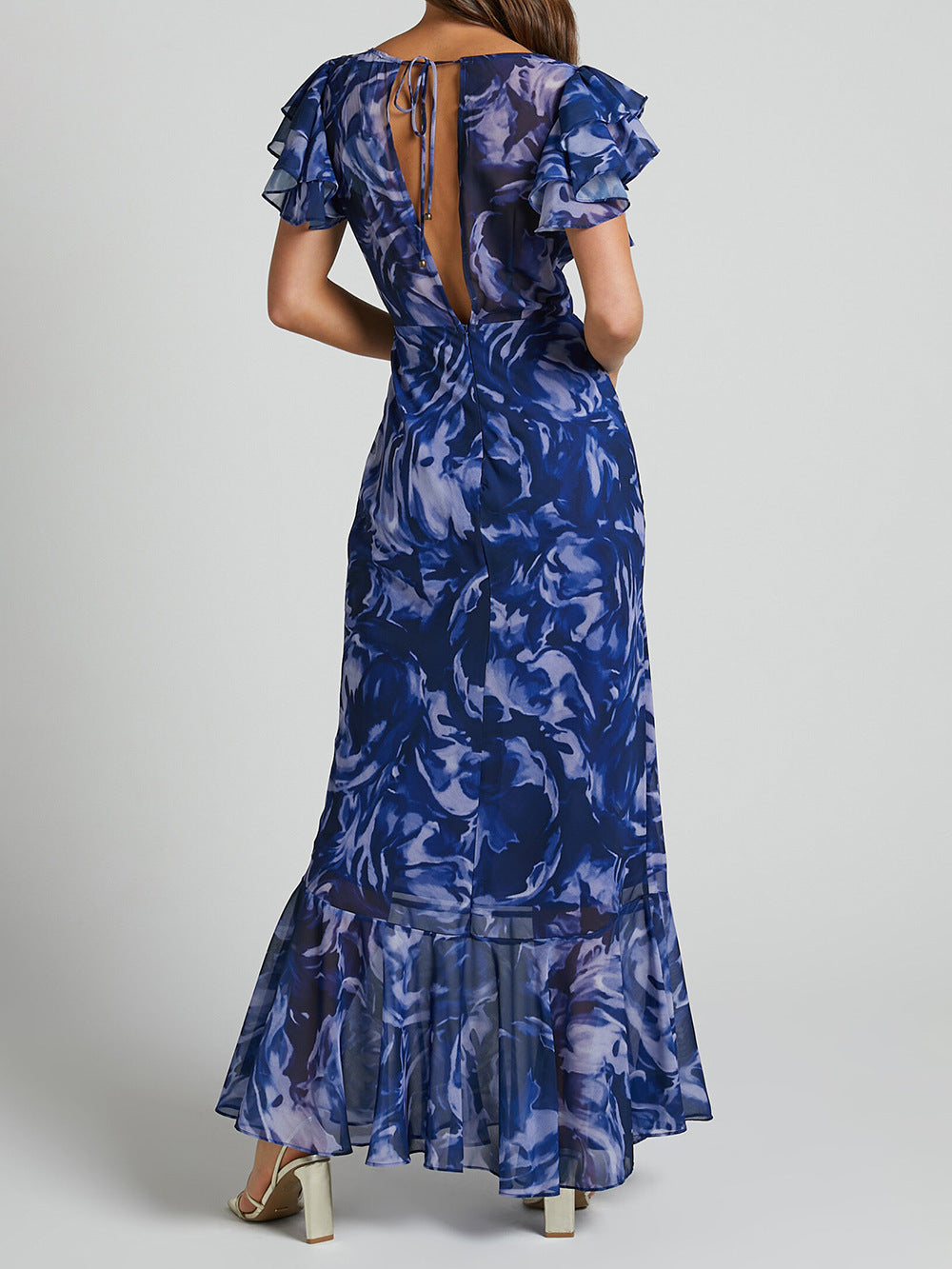 Women’s Printed Chiffon V-Neck Maxi Dress with Short Ruffled Sleeves and Open Back S-XL