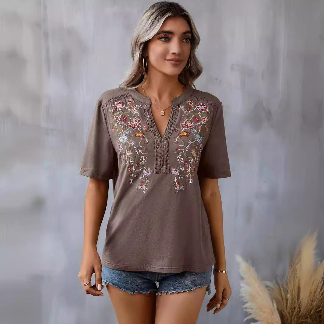 Women’s Embroidered V-Neck Short Sleeve Top