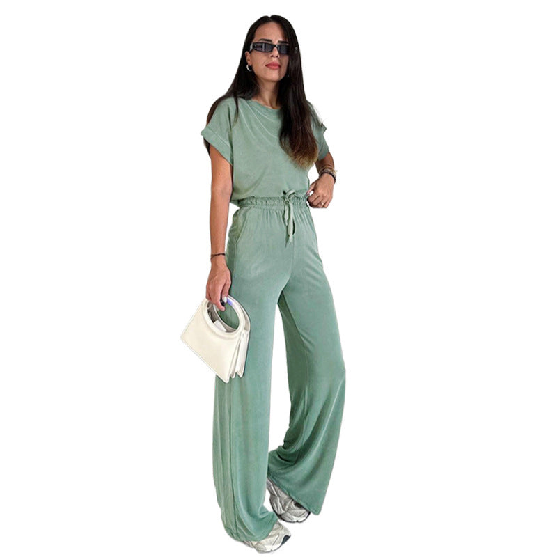 Women's Round Neck Short Sleeve Top with Wide Leg Pants Set