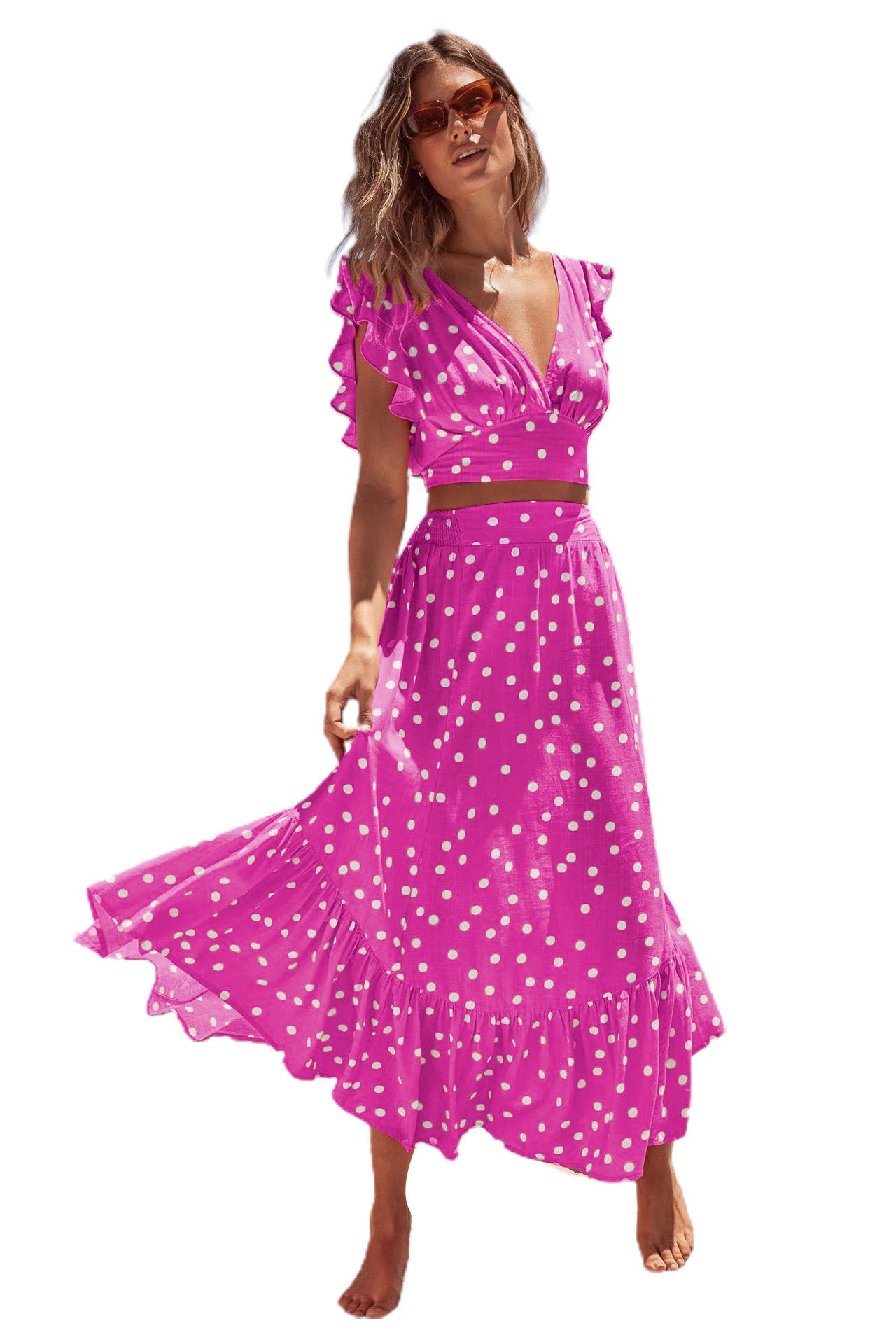 Women's Polka Dot V-Neck Crop Top with Maxi Skirt Set