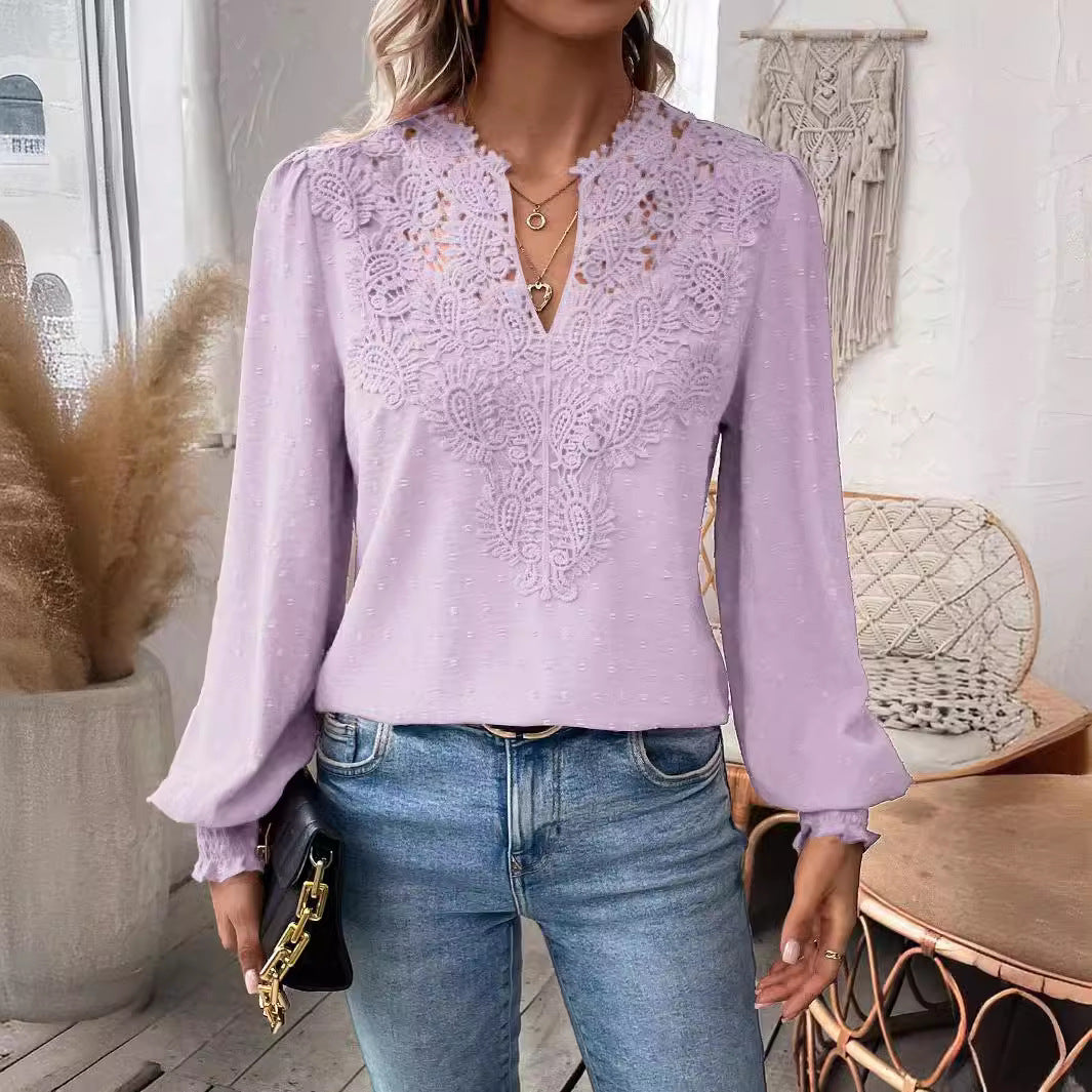 Women’s Elegant Long Sleeve Blouse with Lace Overlay