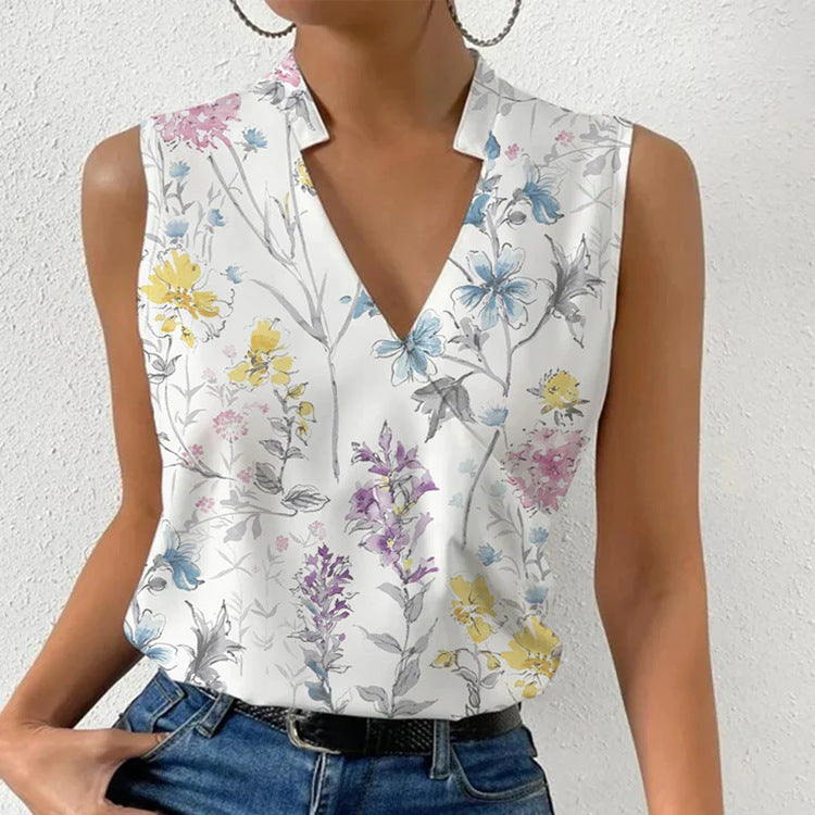 Women's Floral V-Neck Sleeveless Blouse