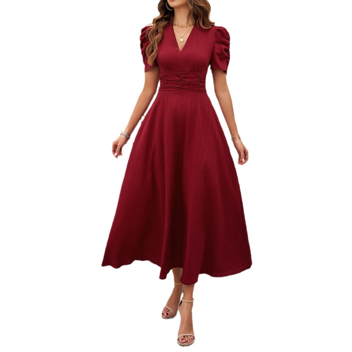 Women's Elegant V-Neck Short Sleeve Midi Dress with Cinched Waist in 3 Colors S-XL