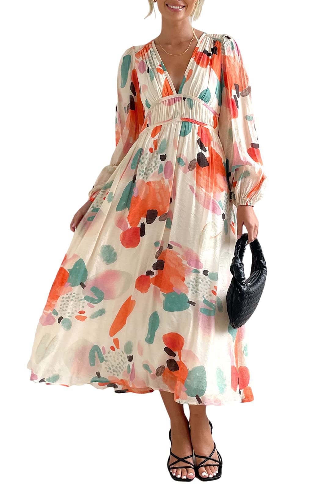 Women’s Printed V-Neck Long Sleeve Summer Maxi Dress