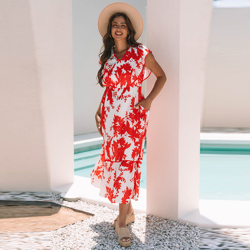 European And American Fashion Flower Printed V-neck Dress Women