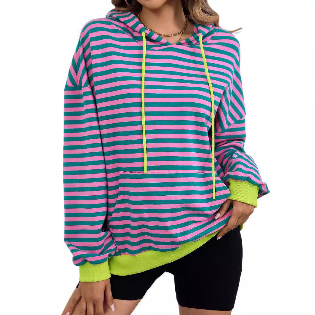 Women's Long Sleeve Striped Hoodie with Kangaroo Pocket