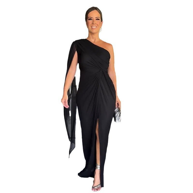 Solid Color Raglan Sleeve Split Women Dress