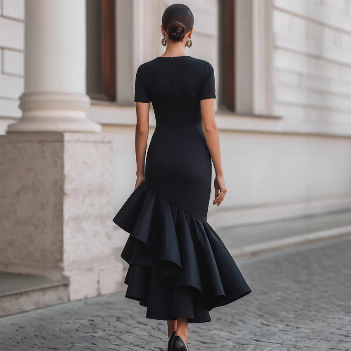 Figure-flattering, Elegant Asymmetrical Ruffled Dress