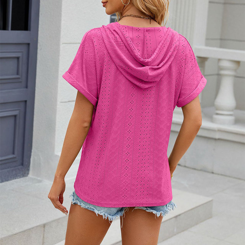 Women’s V-Neck Short Sleeve Top with Drawstring Hood in 9 Colors