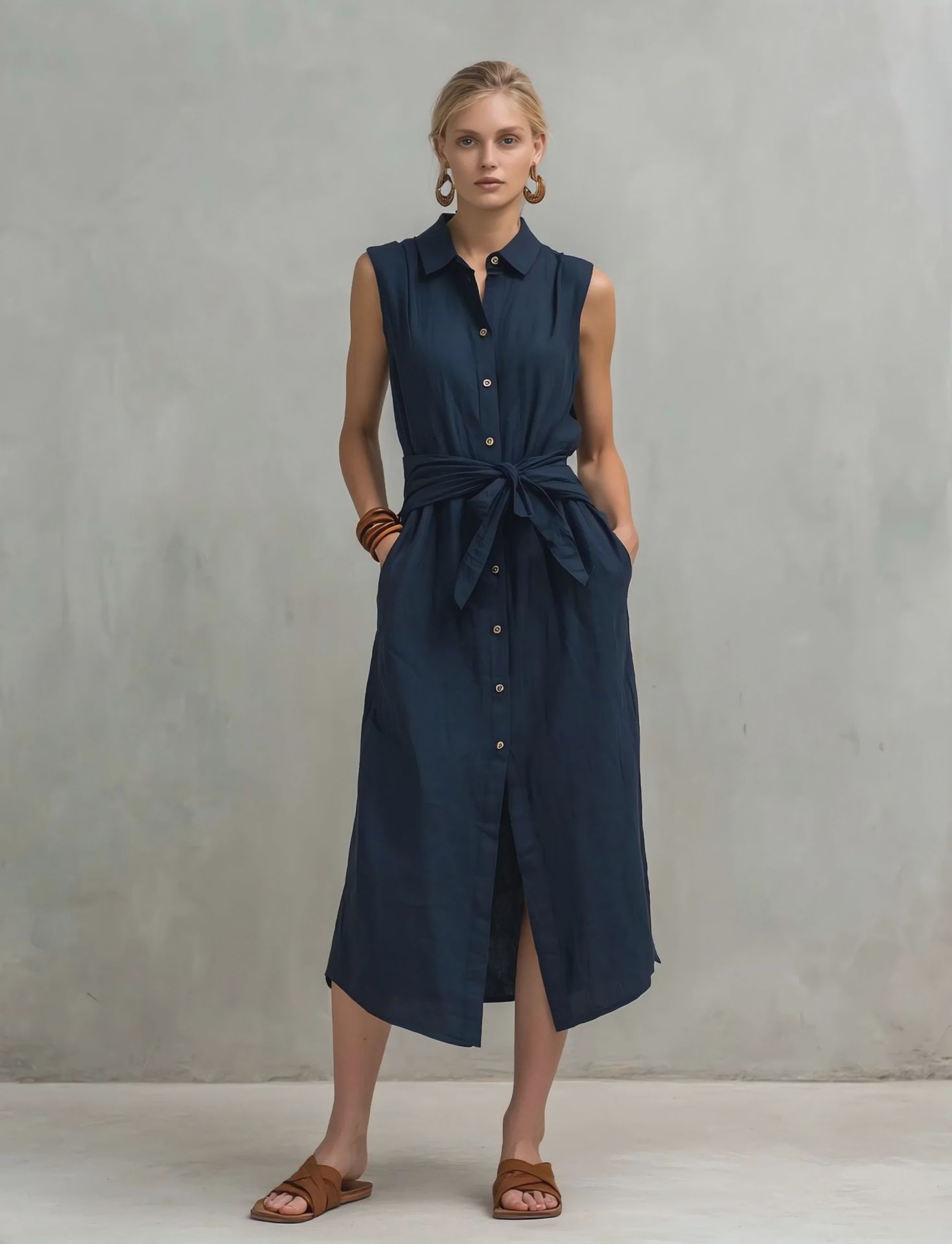 Casual Cotton-Linen Bag-Style Solid-Colored Sleeveless Dress