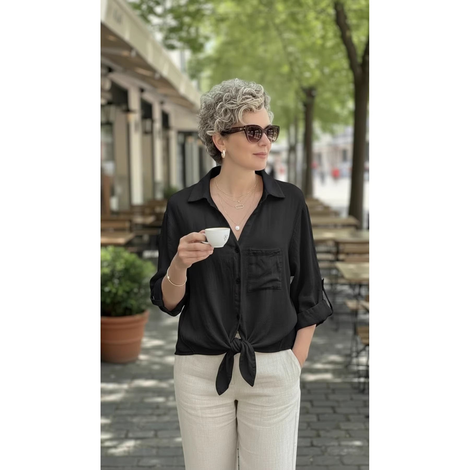 Solid-color Buttoned V-neck Casual Versatile Lace-up Shirt