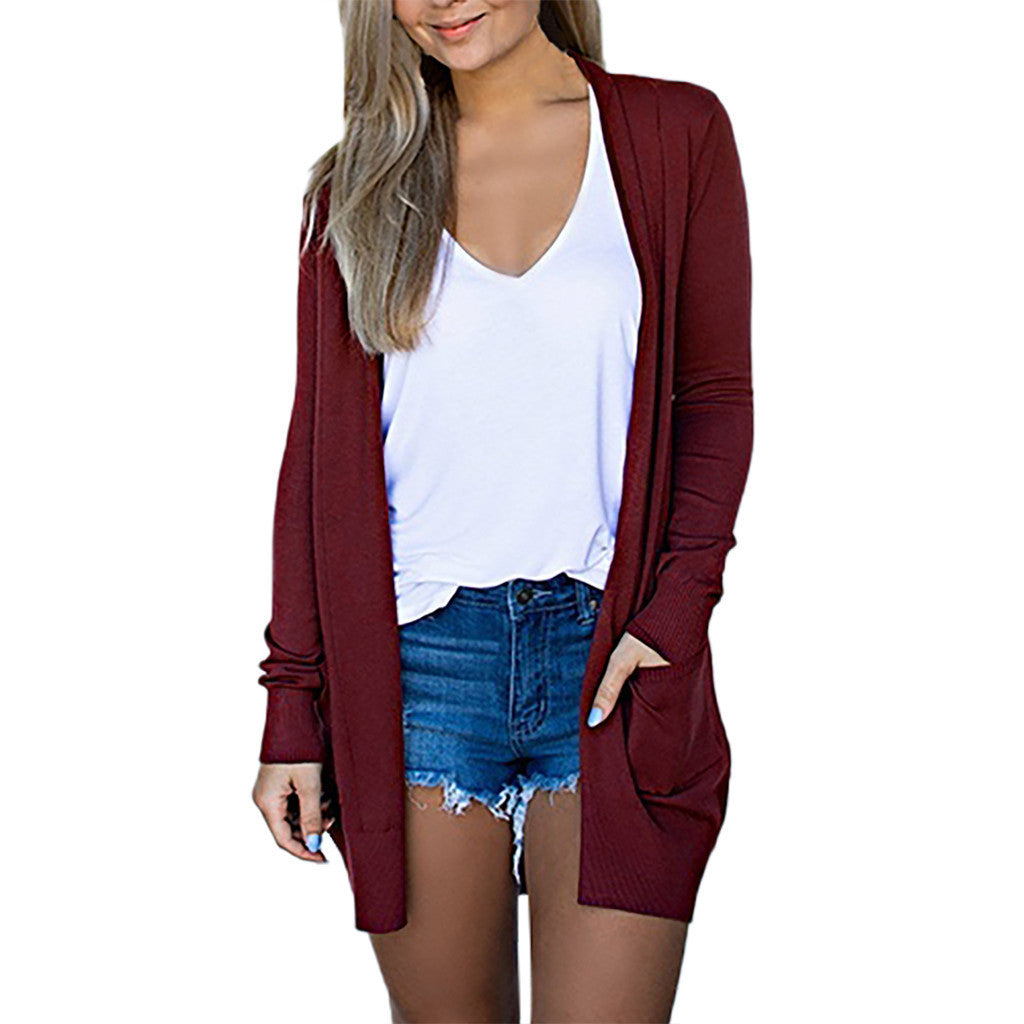 Women’s Long Sleeve Medium Length Cardigan with Pockets