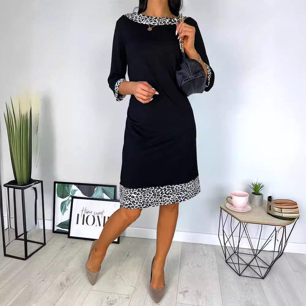 Women’s Three-Quarter Sleeve Black Midi Dress with Leopard Print Trim