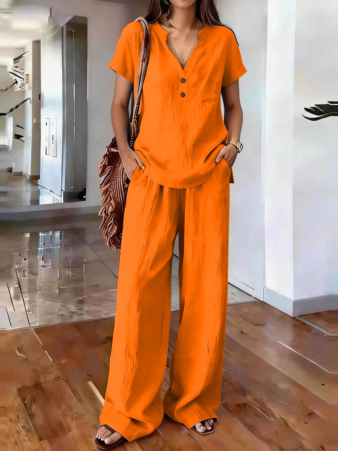 Women's Casual Solid-Colored Cotton And Linen Set
