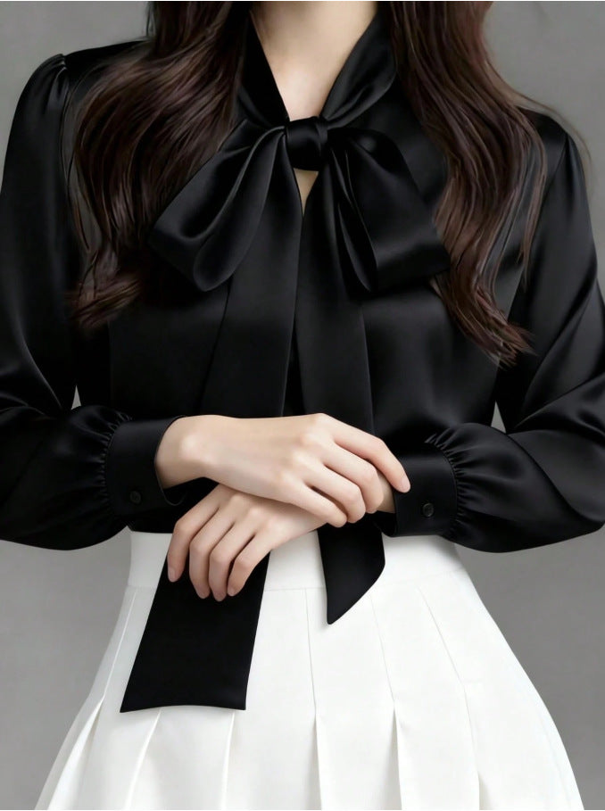Sophisticated Early Spring Light-Luxury Satin Shirt With Ribbon Ties