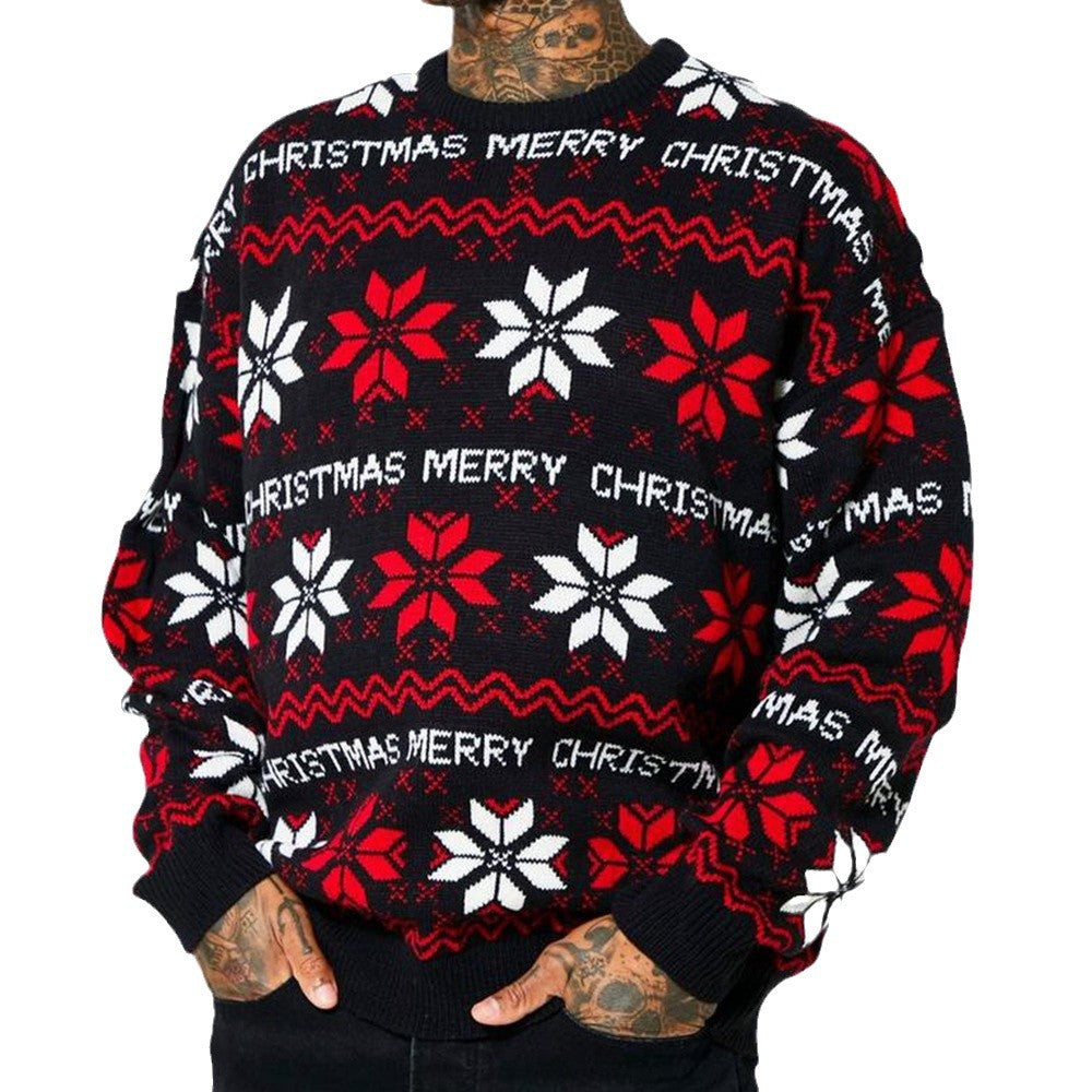Men's Christmas Jacquard loose-fitting long-sleeve sweater with red and white snowflake pattern on black pullover