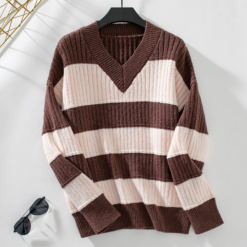 Women's V-Neck Long Sleeve Striped Sweater