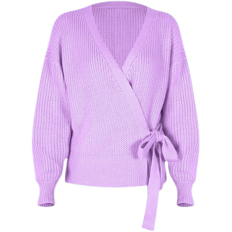 Women’s V-Neck Long Sleeve Wrap Knit Sweater with Waist Tie in 4 Colors S-XL - Wazzi's Wear
