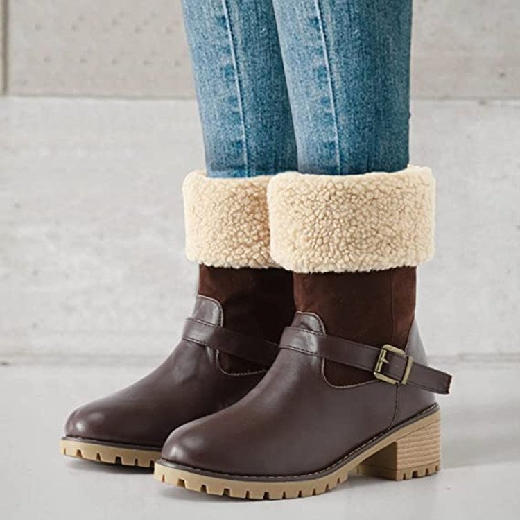 Women’s Plush Slip-On Mid-Calf Boots with Chunky Heel and Buckle