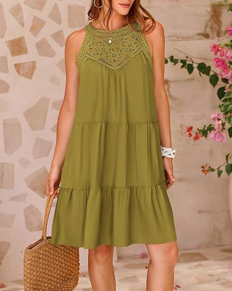 Women’s Halterneck Loose Fit Sleeveless Summer Dress with Lace in 8 Colors S-XXL