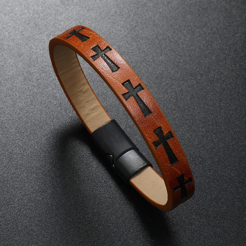 Leather Bracelet with Cross Print and Magnetic Buckle