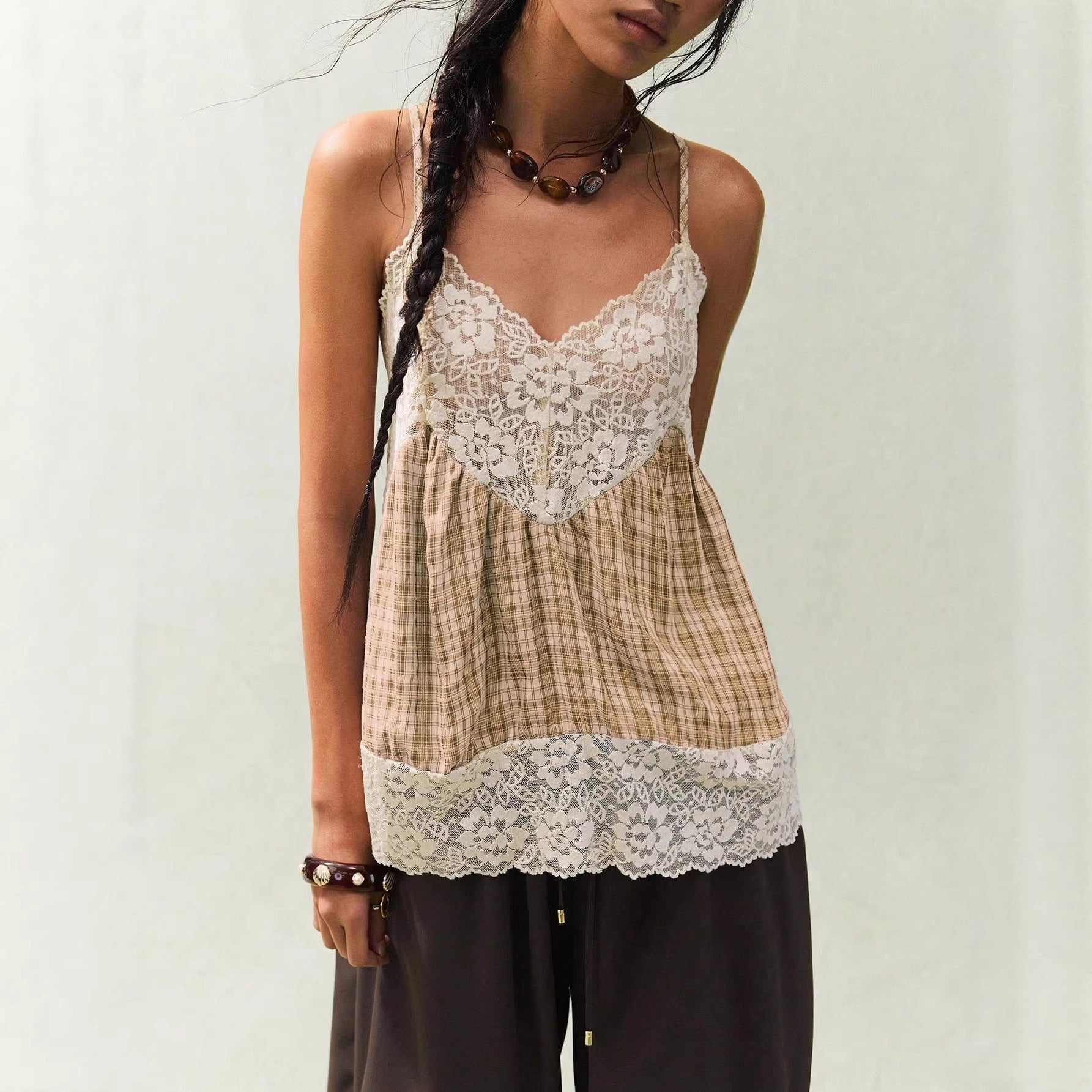 Retro Lace Patchwork Plaid Suspender Dress For Women