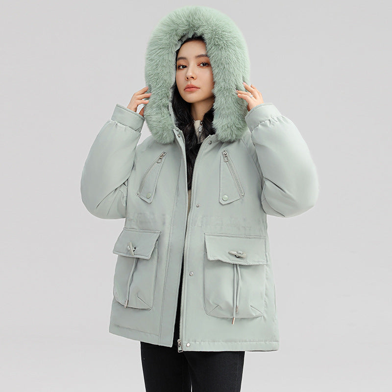 Women's Thick Plush Winter Jacket with Fur-Lined Hood