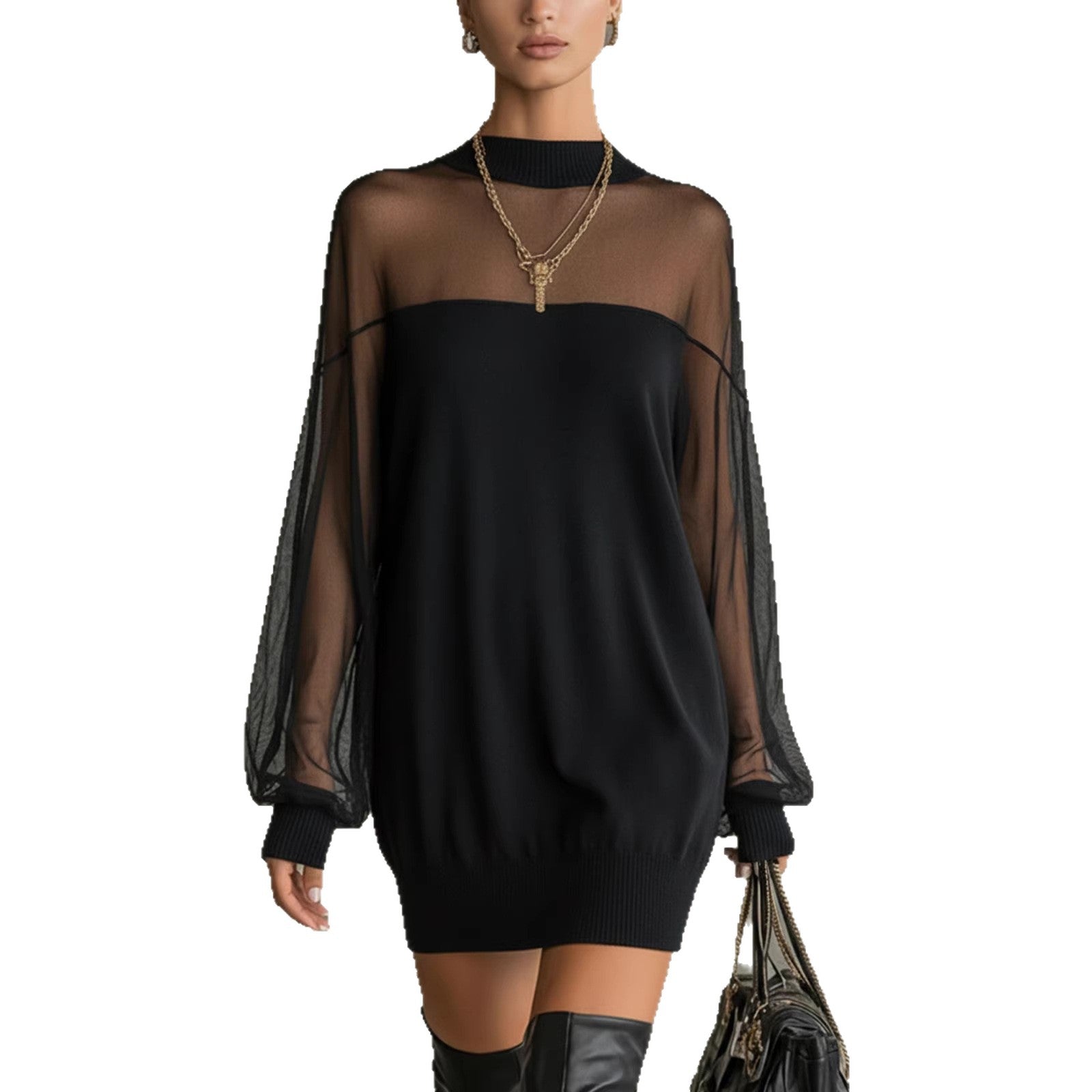 Womens European And American-style Springautumn Mesh Patchwork Mini Skirt O Neck Long Sleeve Pullover Party Dresses