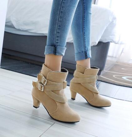 Women’s Suede Thick High Heel Ankle Boots with Buckles 