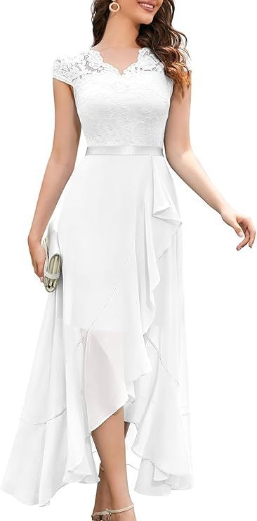 Women’s V-Neck Short Sleeve Formal Dress with Lace Bodice