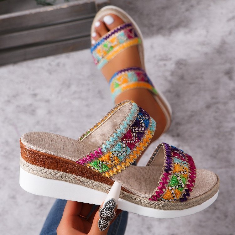 Women’s Woven Wide Linen Strap Ethnic Sandals with Wedge Heel