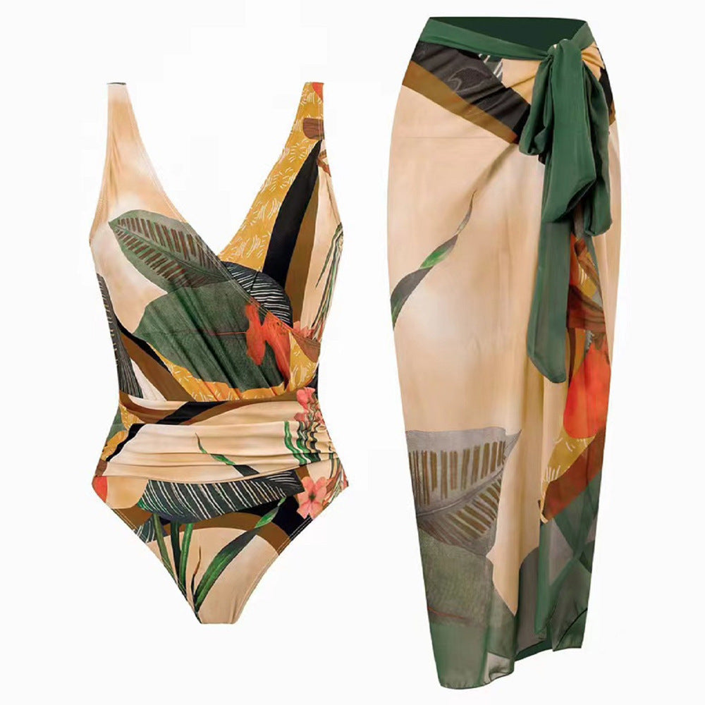 Women's Printed One Piece Swimsuit with Matching Skirt Set