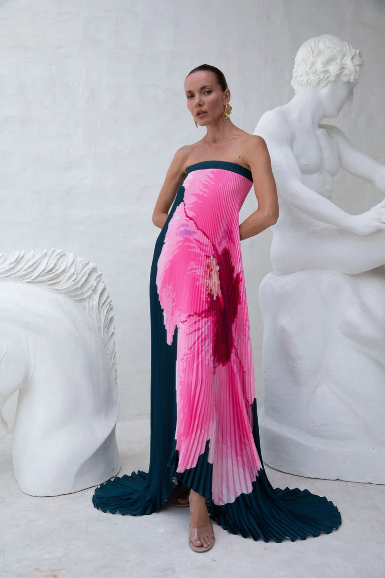 Womens Pleated Printed Backless Tube Dress