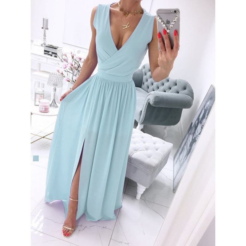 Women's summer sleeveless V-neck long dress with front split in various colors.