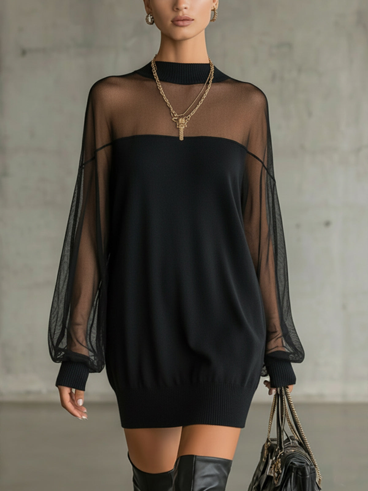 Womens European And American-style Springautumn Mesh Patchwork Mini Skirt O Neck Long Sleeve Pullover Party Dresses