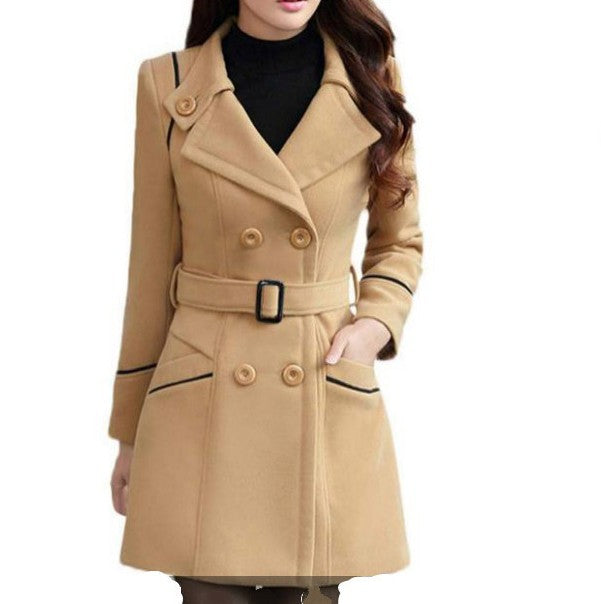 Women’s Double-Breasted Mid-Length Coat with Belt in 5 Colors M-3XL - Wazzi's Wear
