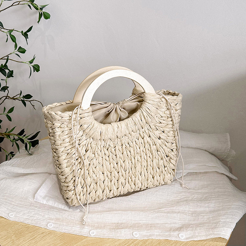 Sac de mode en paille avec poignée ronde en bois en 2 couleurs