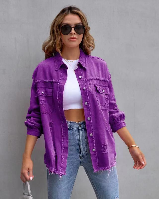 Women’s Ripped Button Shirt Jacket with Raw Hem