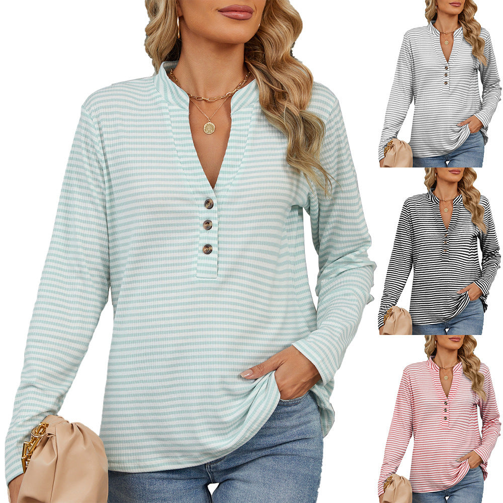 Women’s V-Neck Striped Long Sleeve Shirt