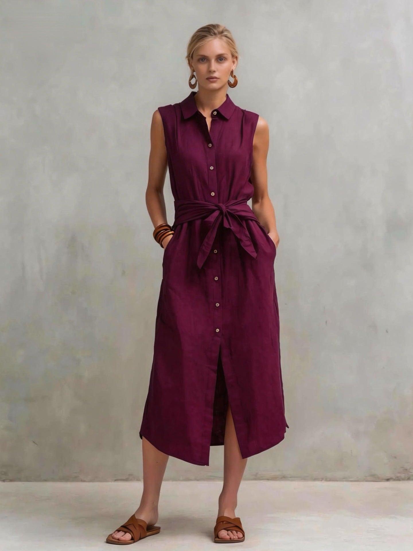 Casual Cotton-Linen Bag-Style Solid-Colored Sleeveless Dress